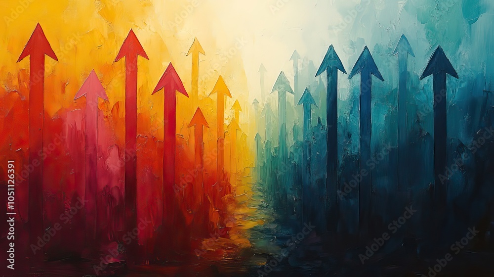 Poster colorful background with many arrows pointing upwards, representing the growth and success of busine