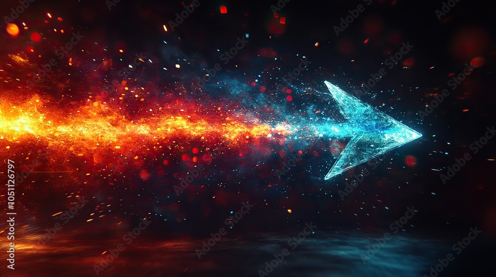 Poster colorful glowing arrow points right on black background, creating sense of speed and motion.illustra