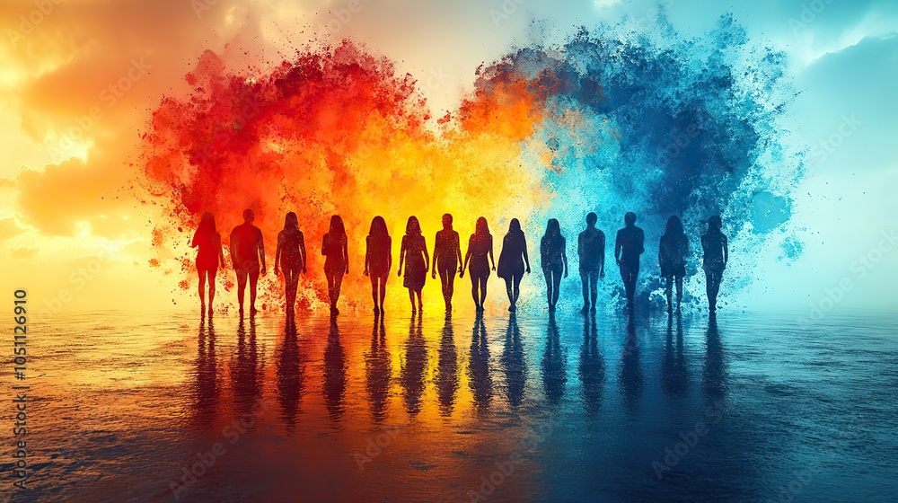 Aufkleber colorful group of people stands near heart-shaped background with clouds, symbolizing unity and posi