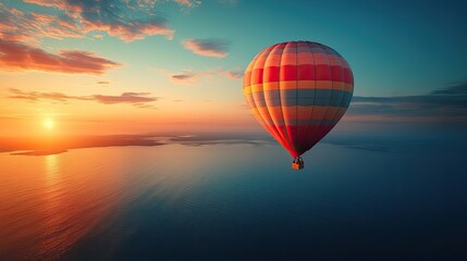 Fototapeta premium colorful hot air balloon floating over calm ocean at sunrise, evoking feelings of travel, romance, and scenic spring or summer adventure.illustration