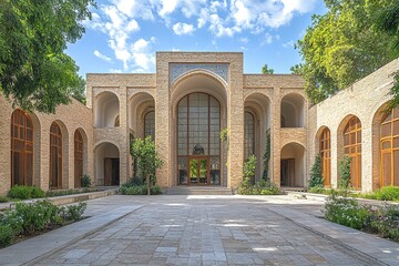 A grand courtyard with an arched entrance leads to a building with a large window.