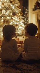 Fototapeta premium Christmas anticipation: siblings huddled together by beautifully decorated tree, illuminated by warm ornament lights, sharing excited whispers about presents waiting for them on Christmas morning.