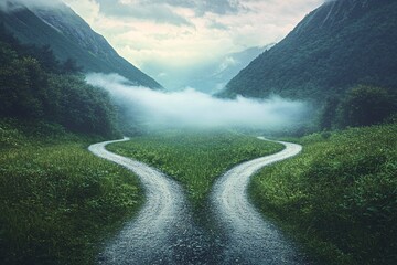 A serene landscape featuring a winding road splitting into two paths, surrounded by lush green fields and majestic mountains shrouded in mist.