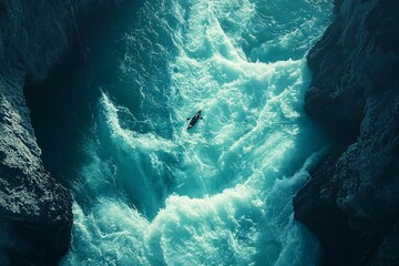 A breathtaking aerial view of a lone kayaker navigating through turquoise waters, surrounded by rocky cliffs and dynamic waves in a serene setting.