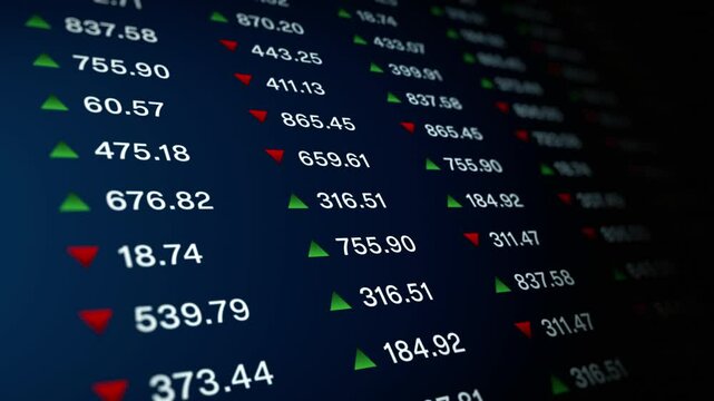 Close-up of a digital stock market ticker showing fluctuating prices with red and green arrows, symbolizing gains and losses in financial trading and investment.