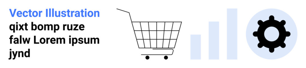 Fototapeta premium Shopping cart in center, bar graph represents growth and analytics, gear icon indicates settings or configuration. Ideal for e-commerce, data analysis, business management, and digital marketing