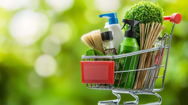A shopping cart with eco-friendly cleaning supplies and brushes, creatively arranged against a fresh, green backdrop, symbolizing eco-conscious living.
