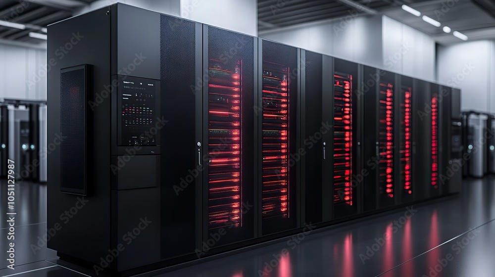 Poster computer server with latticed doors, showcasing the hardware's working components.