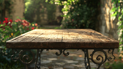 rustic wooden table with ornate metal legs in a garden setting