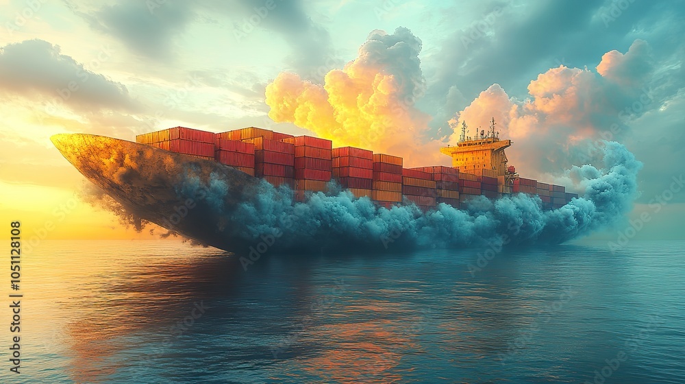 Poster conceptual depiction of stacked containers within cloud whale symbolizes transportation and development concepts.