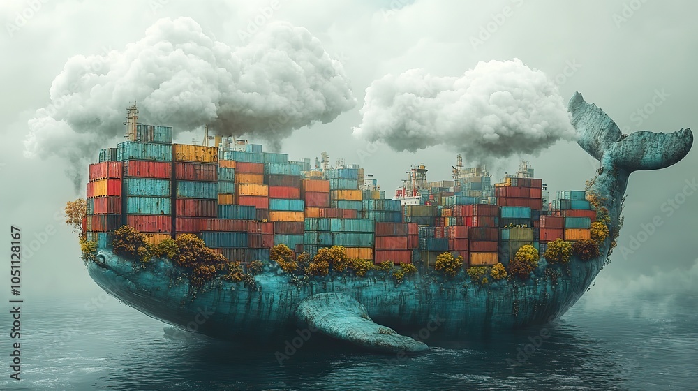 Poster conceptual depiction of stacked containers within cloud whale symbolizes transportation and development concepts.illustration