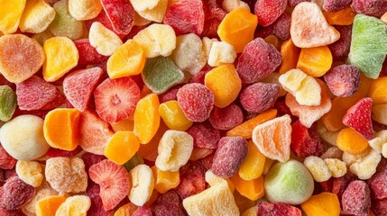 2410 41.A top-down view of a heap of assorted freeze-dried fruits including strawberries, apples, and peaches, their bright colors and crispy textures standing out against the white background,