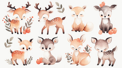 Fototapeta premium Illustrations of small animals in the forest, including deer, foxes, and rabbits