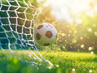 Fototapeta premium A soccer ball hitting the back of the net on a sunny day, with vibrant green grass and sunlight creating a dynamic sports atmosphere.