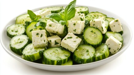 Fresh Cucumber Salad with Feta and Basil on a Plate