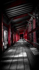 Fototapeta premium Dramatic red corridor, high contrast black & white. Abstract perspective. 