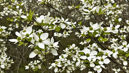 Fototapeta premium Dogwood blossoms Isolated White flowering dogwood tree blossoms. Flowering dogwood blossoms and branch isolated against blue and green background Clipping path included. 