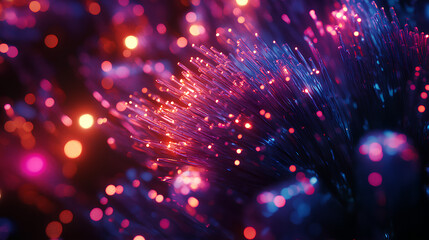vibrant illuminated fiber optic cables on dark background 