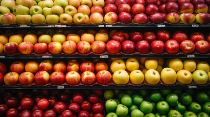 2410 59.A well-organized display of apple varieties in a supermarket, with golden, red, and green hues of Fuji, Golden, and Reineta apples reflecting their fresh and seasonal appeal, offering a