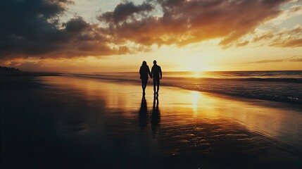 Couple Walking on the Beach at Sunset - Romantic Golden Hour Photography