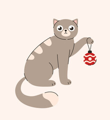 Gray cat with a Christmas tree toy. Flat vector illustration.