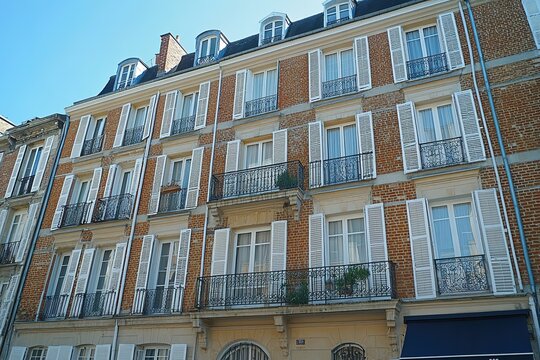 A classic brick building with white shutters and balconies.