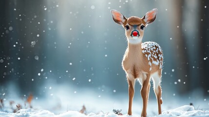 Fototapeta premium cute Christmas deer with red nose standing in snowy winter forest, representing festive Christmas and New Year concept, perfect for greeting cards, banners, or posters with copy space.image