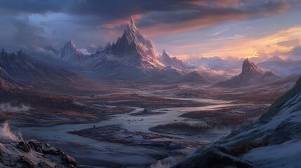 Obraz premium A panoramic view of a mountain landscape at sunrise, with the first light casting shadows on the peaks