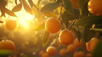 2410 9.A close-up shot of ripe oranges dangling from branches in an orange grove, with leaves gently rustling in the breeze and the golden light of the sun highlighting the vibrant colors of the