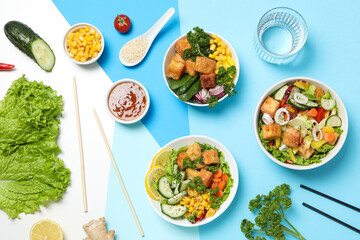 Fried tofu salad with fresh vegetables and sauce