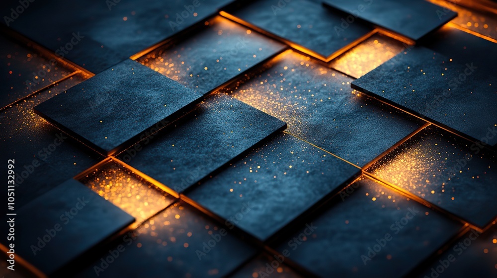 Poster dark background featuring golden lines in geometric pattern, with dark blue and black color palette.