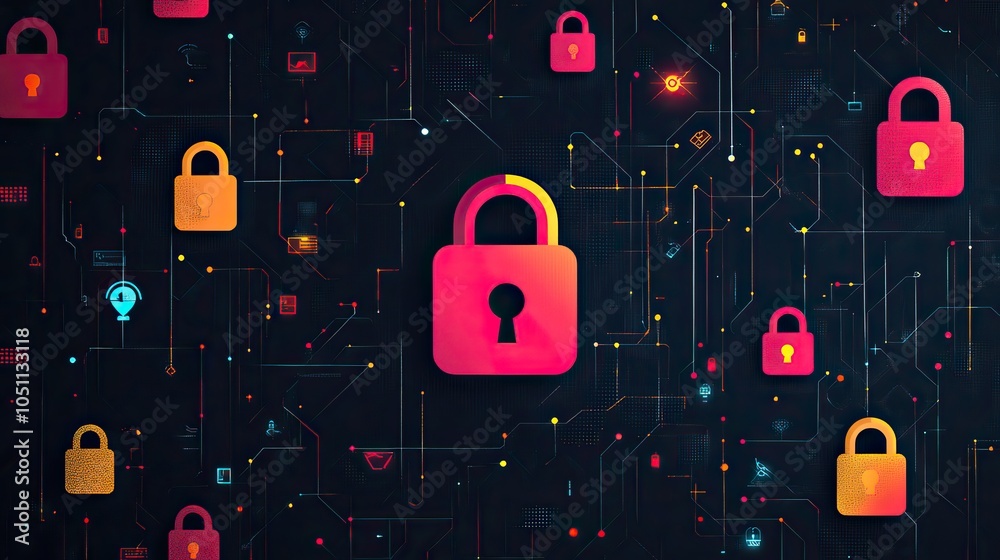 Aufkleber dark background with colorful padlock icons, representing cyber security and dat protection.image