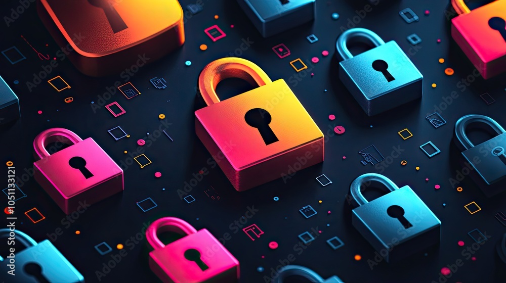 Poster dark background with colorful padlock icons, representing cyber security and dat protection.stock ph