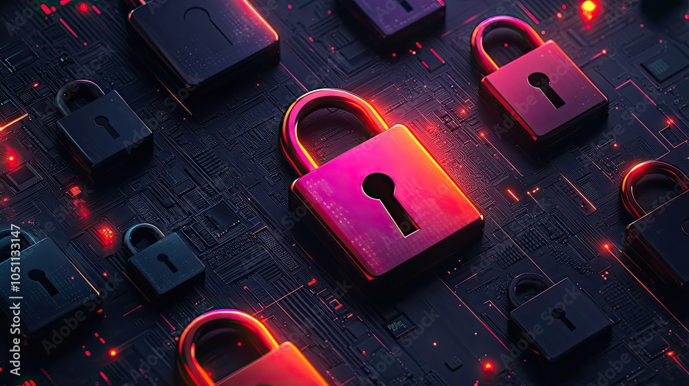 Aufkleber dark background with colorful padlock icons, representing cyber security and dat protection.