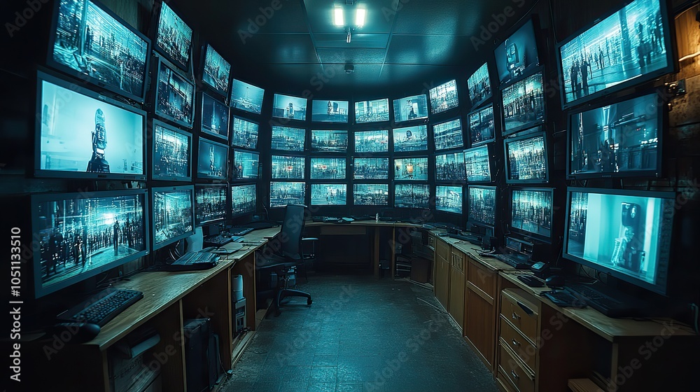 Aufkleber dark room with multiple security monitors displaying live footage, highlighting the importance of su