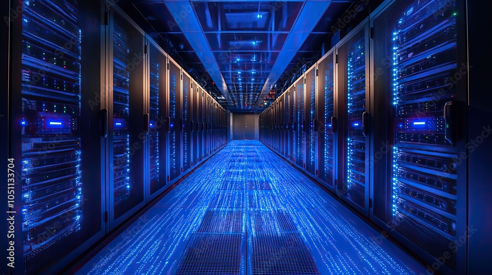 Fototapete dat center filled with black and blue server racks, with digital lines illuminating the floor in abs