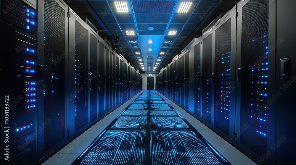 Fototapete dat center filled with black and blue server racks, with digital lines illuminating the floor in abs