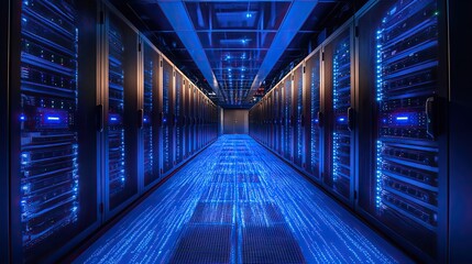 Fototapeta premium dat center filled with black and blue server racks, with digital lines illuminating the floor in abstract patterns.stock photo