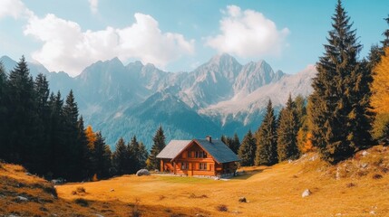A picturesque mountain scene with a cozy cabin nestled among pine trees, offering a stunning view of the surrounding peaks.