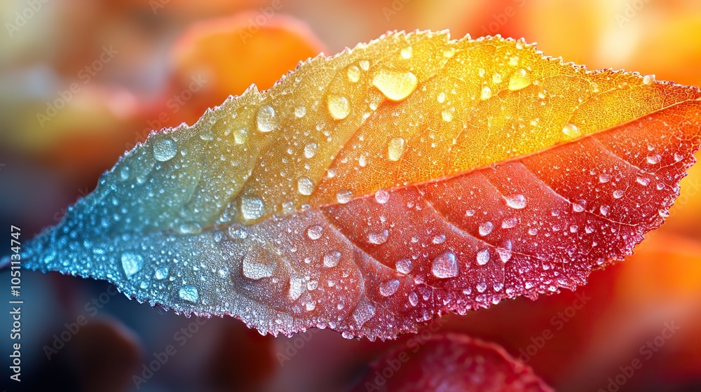 Poster detailed close-up of an autumn leaf's edge, blending from green to red, with high-resolution, colorf
