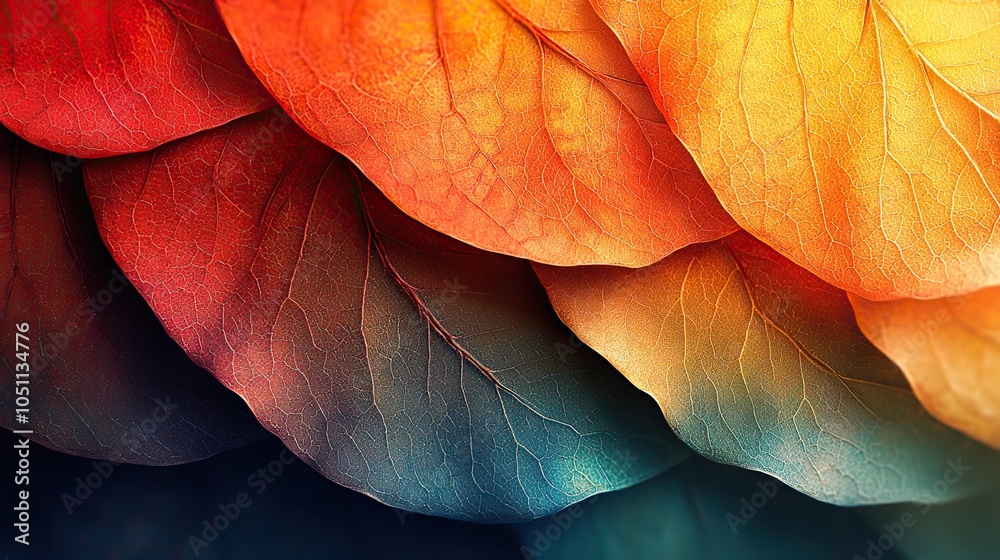 Poster detailed close-up of an autumn leaf's edge, blending from green to red, with high-resolution, colorf