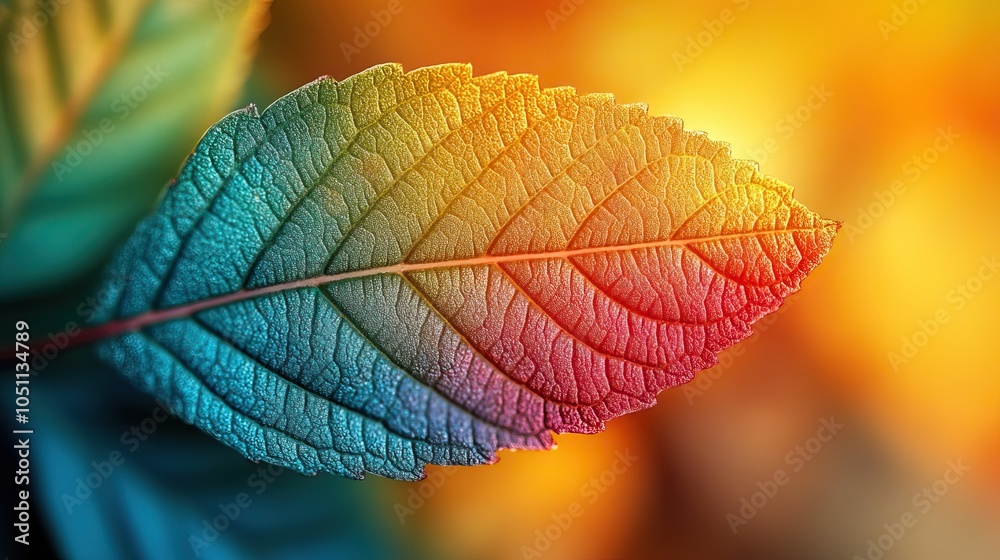 Aufkleber detailed close-up of an autumn leaf's edge, blending from green to red, with high-resolution, colorf