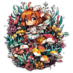 Cute Fairy Girl Surrounded by Flowers and Mushrooms