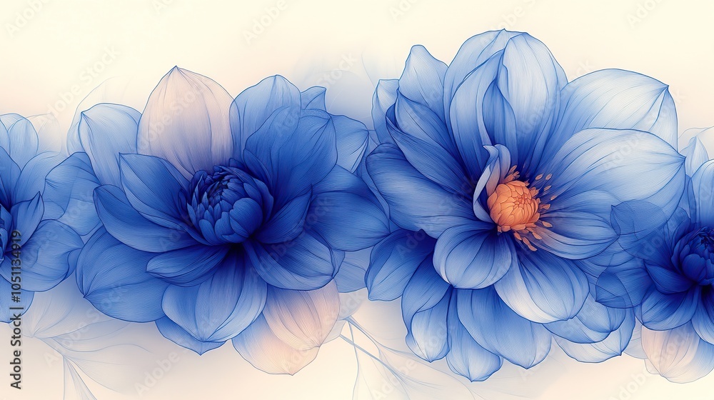 Poster detailed line art drawing of blue dahli flowers, creating calming and delicate pattern.stock photo