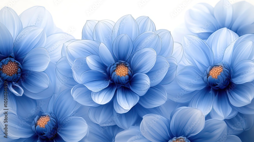 Poster detailed line art drawing of blue dahli flowers, creating calming and delicate pattern.
