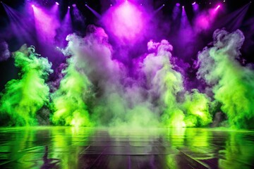 Fototapeta premium Vibrant stage atmosphere with lime green smoke and purple neon reflections