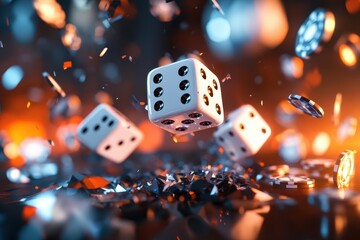 Three dice are flying through the air, with a pile of coins on the ground
