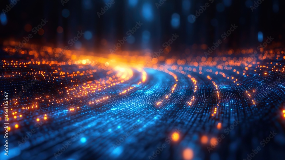 Poster digital concept design featuring blurred blue background with horizontal lines and dots for internet technology use.