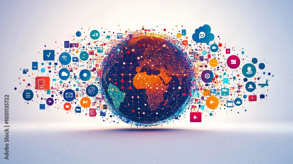 Poster digital globe with network connections, surrounded by social medi platform icons, symbolizing the va