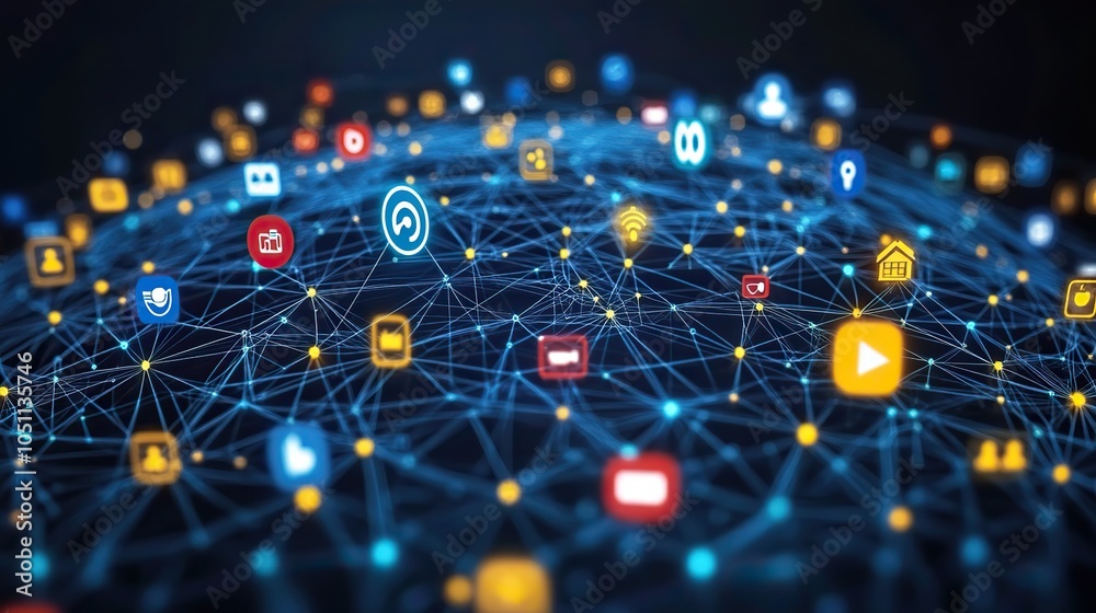 Aufkleber digital globe with network connections, surrounded by social medi platform icons, symbolizing the va